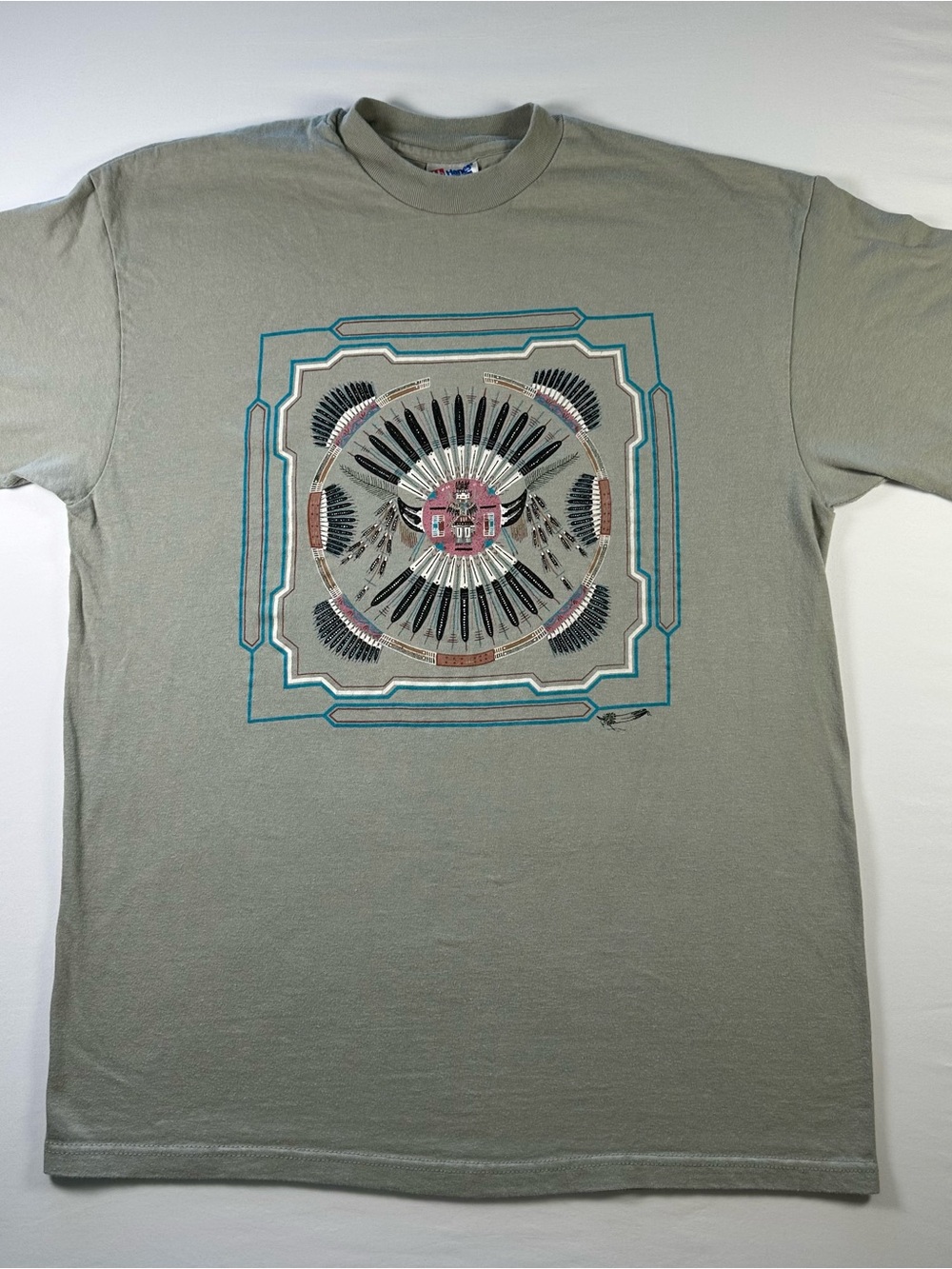 Vintage Hanes Beefy T Shirt Adult L Sage Green Tribal Graphic Single Stitch